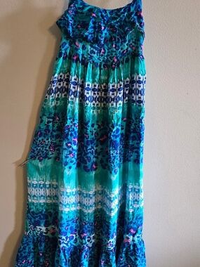 Justice Teal Turquoise Blue Patterned Maxi Dress with Pink Accents Size 10 1/2